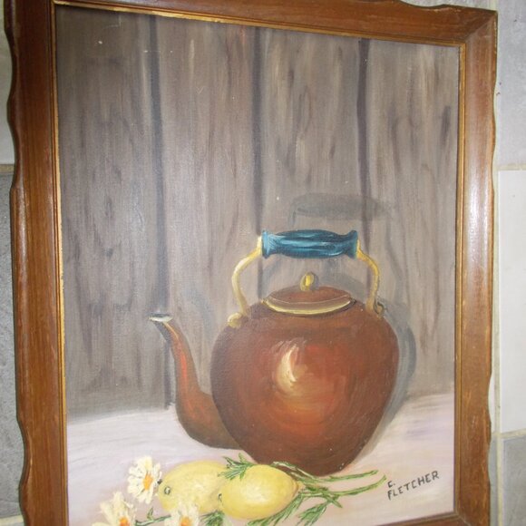 Vintage tea kettle and lemons, signed and framed - Picture 2 of 6